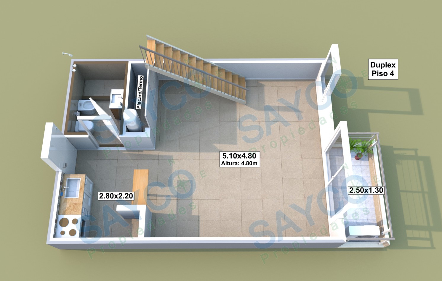 63m2 Duplex de 2 Ambientes c/2 baños y balcon.