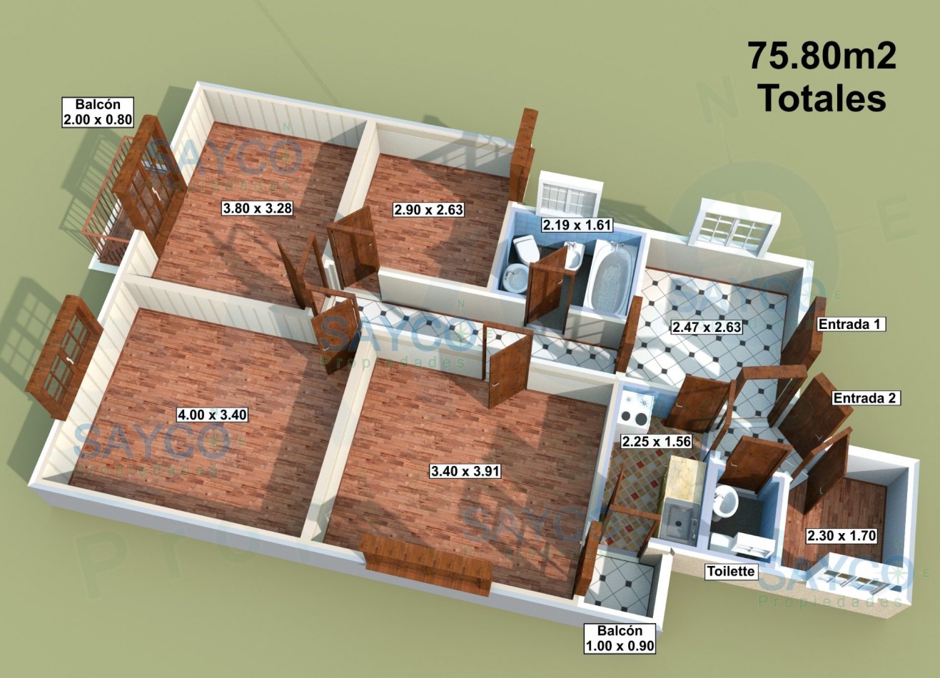 4 Amb 75.80m2 c/Balcones, Dependencia, Toilette, Baño.